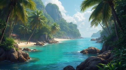 Tropical Paradise Scenic View with Lush Greenery and Crystal Blue Waters Dream Vacation Destination