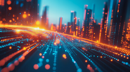 Fototapeta premium Smart digital city with connection cyber security network reciprocity over the cityscape . future smart wireless digital city and social media networking systems that connects people within the city