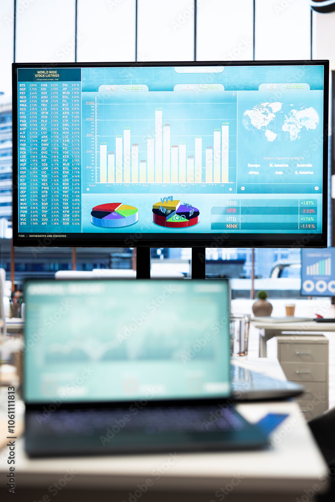 Poster in a professional boardroom, computer screen showcases business data and statistics, aiding executiv