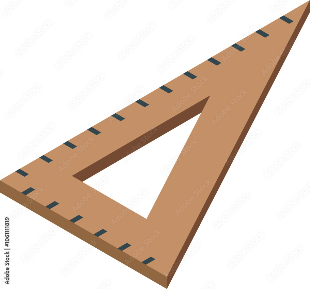 Poster triangular wooden ruler with measuring scale lying on a white background, isometric view