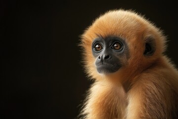 Fototapeta premium Mystic portrait of baby Gibbon primate in studio, copy space on right side, Headshot, Close-up View, isolated on black background