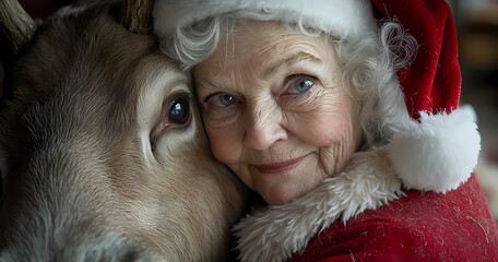 Elderly Woman Hugging Reindeer and Posing for Camera