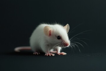 Fototapeta premium the beside view baby Rat standing, left side view, low angle, white copy space on right, Isolated on black Background