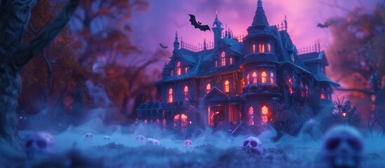 Obraz premium Haunting Gothic Mansion in Snowy Winter Landscape Under Ominous Moon and Bats Spooky eerie and foreboding atmosphere with a creepy supernatural vibe perfect for Halloween horror and fantasy themes
