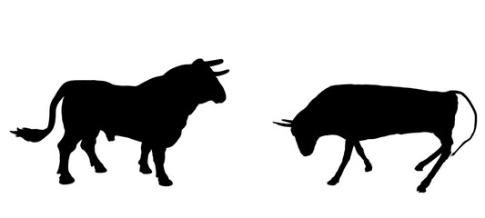 Bullfights bull battle vector silhouette illustration isolated. Breeding bull shape shadow quality genetic material insemination. Organic food. Strong animal powerful bull horns fighting in corrida.