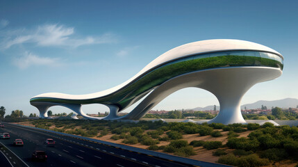 Fototapeta premium A futuristic elevated building with a sleek curved design and a green facade, located in a scenic location, showcasing innovative architecture.