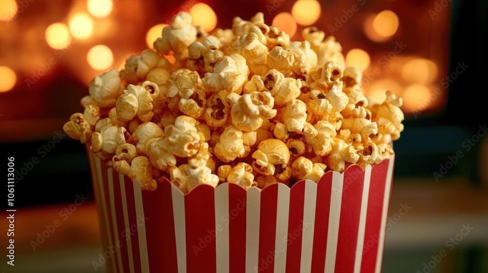 Poster a close-up of a red and white striped popcorn bucket with buttery popcorn inside. the background is 