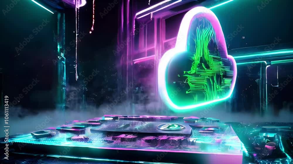 Aufkleber futuristic glowing cloud computing data center with neon lights.
