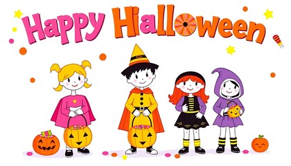 Fototapeta premium A colorful invitation card showing children in costumes with candy buckets. 