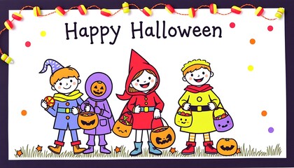 Fototapeta premium A colorful invitation card showing children in costumes with candy buckets. 