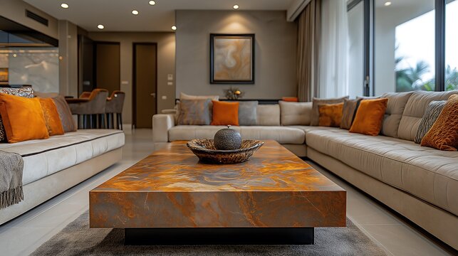 Elegant modern living room with a square marble coffee table beside a cozy beige corner sofa.