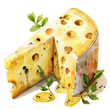 watercolor cheese wedge with holes and herbs clip art preview