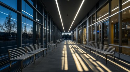 Obraz premium Wide-angle photography of an empty modern mall hallway interior at nighttime, featuring shadows, large windows, metal benches, and led strip lighting illuminating the room.
