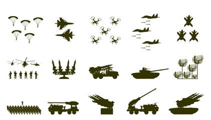 Obraz premium Military air strike bombing fighter jets planes attack enemy ground troops vector silhouette illustration isolated. Tank missile artillery rocket launcher and radar air surveillance protect defense.
