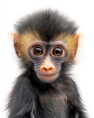 Fototapeta premium Mystic portrait of baby Mandrill primate, copy space on right side, Headshot, Close-up View, isolated on white background