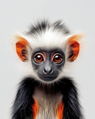 Obraz premium Mystic portrait of baby Colobus primate, copy space on right side, Headshot, Close-up View, isolated on white background