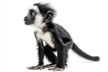 Naklejka premium the beside view baby Colobus primate standing, left side view, low angle, white copy space on right, Isolated on White Background