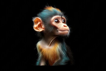 Fototapeta premium Mystic portrait of baby Mandrill primate in studio, copy space on right side, Headshot, Close-up View, isolated on black background