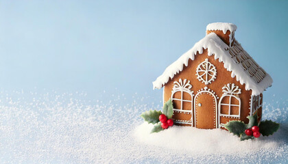 Naklejka premium Gingerbread house with powdered sugar on light blue background