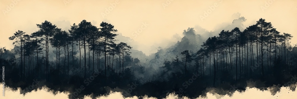 Poster black logo on white background depicts trees in a forest using waveforms