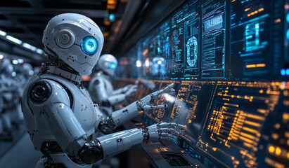 Fototapeta premium Robots with artificial intelligence work on control panels in a futuristic control room 