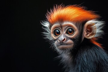Obraz premium Mystic portrait of baby Colobus primate in studio, copy space on right side, Headshot, Close-up View, isolated on black background