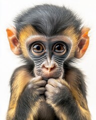 Mystic portrait of baby Mandrill primate, copy space on right side, Headshot, Close-up View, isolated on white background