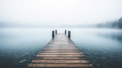 Fototapeta premium Serene Stillness: A Misty Lake Dock Beckons Tranquility