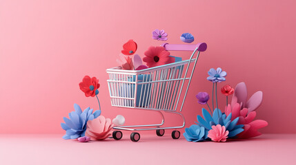 Shopping cart among beautiful flowers on pink background. Black Friday. Sale.