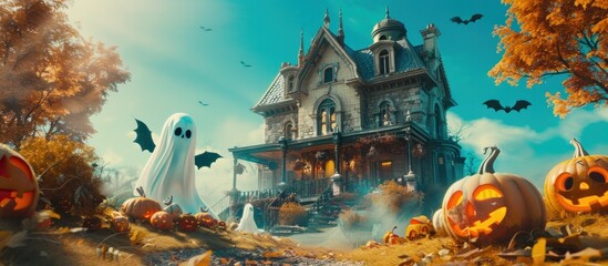 Obraz premium Haunting scene of a creepy old mansion surrounded by autumn leaves pumpkins ghosts and bats on a dark misty Halloween night The spooky