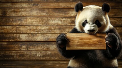 Fototapeta premium Panda as a martial artist breaking a wooden board, isolated on a dojo-style wooden background.