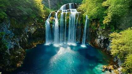 A stunning waterfall cascades into a turquoise pool surrounded by lush green foliage
