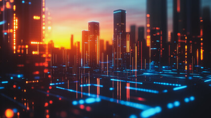 Obraz premium Smart digital city with connection cyber security network reciprocity over the cityscape . future smart wireless digital city and social media networking systems that connects people within the city