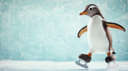 Obraz premium Penguin as an ice skater performing spins on ice with skates, isolated on a frosty light blue background to emphasize the coolness.
