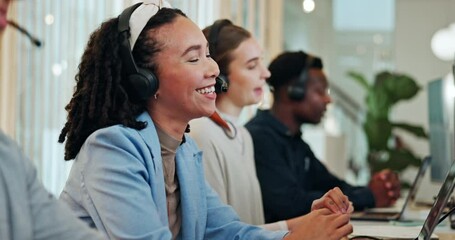 Call center, headset and businesswoman with laptop for consulting, support and telemarketing in office. Coworking, advisor and smile with mic for talking, customer service and online sales at night - Powered by Adobe