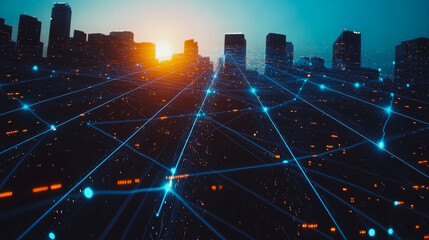 Smart digital city with connection cyber security network reciprocity over the cityscape . future smart wireless digital city and social media networking systems that connects people within the city