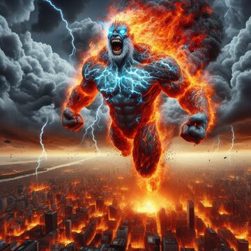 Ai generated illustration of a human flying monster giant fire smoke in the form of a a storm flying in the cloud sky of smoke and streaks of lightning on its body with city destroyed by fire