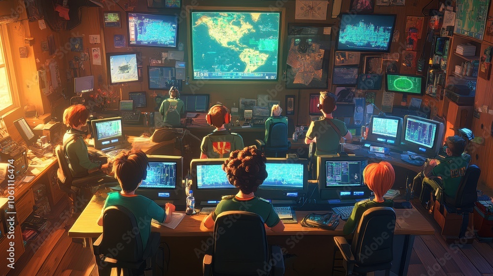Poster futuristic control room with analysts monitoring multiple screens