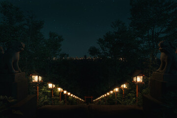 Ancient japanese shrine with stairs and wooden illuminated lantern at night. 3D Rendering © Brilliant Eye