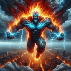 Fototapeta premium Ai generated illustration of a human flying monster giant fire smoke in the form of a a storm flying in the cloud sky of smoke and streaks of lightning on its body with city destroyed by fire