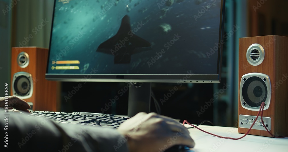 Aufkleber gamer using keyboard and wired mouse to play videogames on desktop pc, close up shot. man playing on