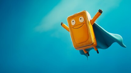 Toaster as a superhero flying through the air, wearing a cape, isolated on a bright blue sky background.