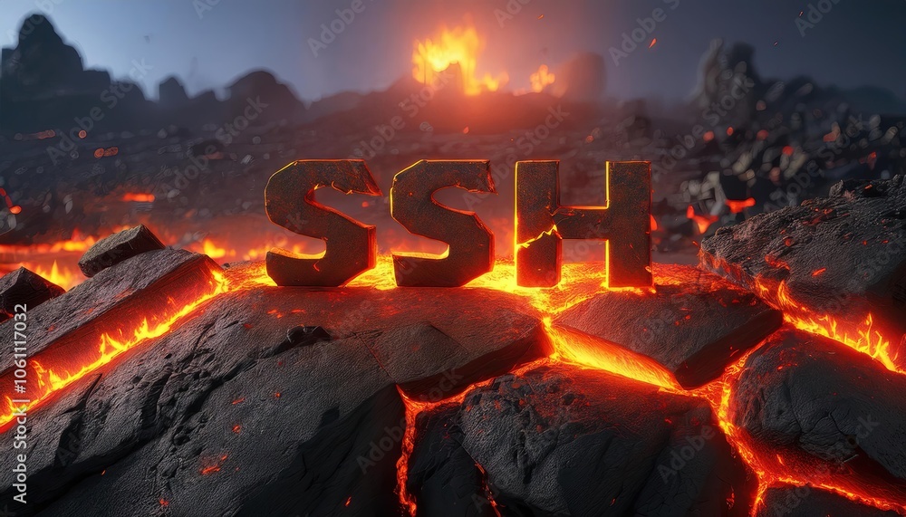 Poster ssh command in volcanic landscape background