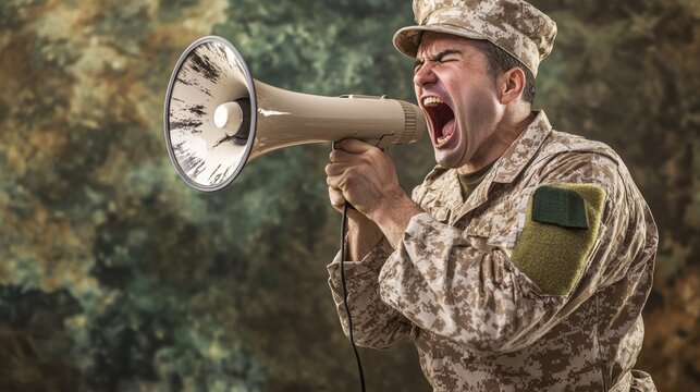 Alarm Clock as a Drill Sergeant: Yelling and Holding a Megaphone, Isolated on a Military Camp Background