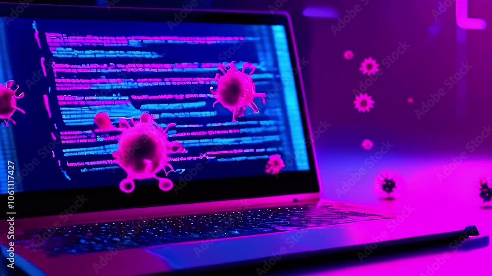 Aufkleber pink virus particles floating in front of a laptop screen showing code.
