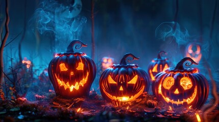 Naklejka premium Eerie Halloween jack o lanterns glowing with an otherworldly light in a dark foggy forest at night Spooky supernatural atmosphere with a haunting mystic ambiance