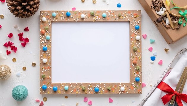 Photo frame crafting with colorful decorations on a white background for thoughtful DIY gifts