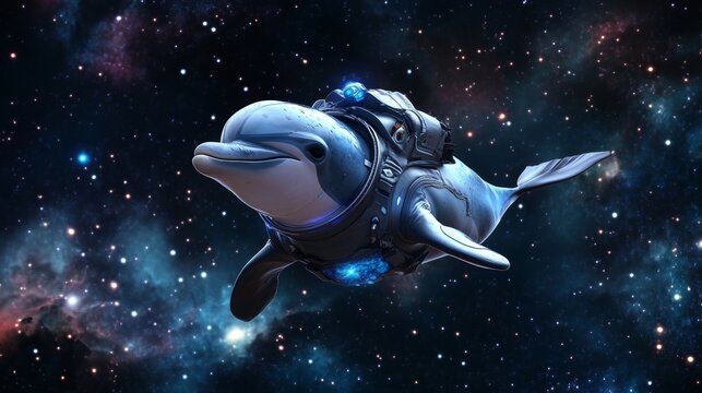 Dolphin as a space explorer floating in a spacesuit, isolated on a dark galaxy background.