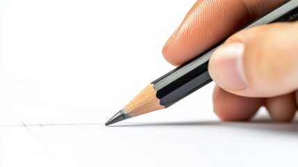 A close-up of a hand holding a pencil, poised above a blank sheet of paper, ready to create or write.