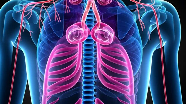 Anatomical illustration displays the human thorax, showcasing the lungs, heart, and major blood vessels in vibrant colors against a dark background, emphasizing their structures and connections